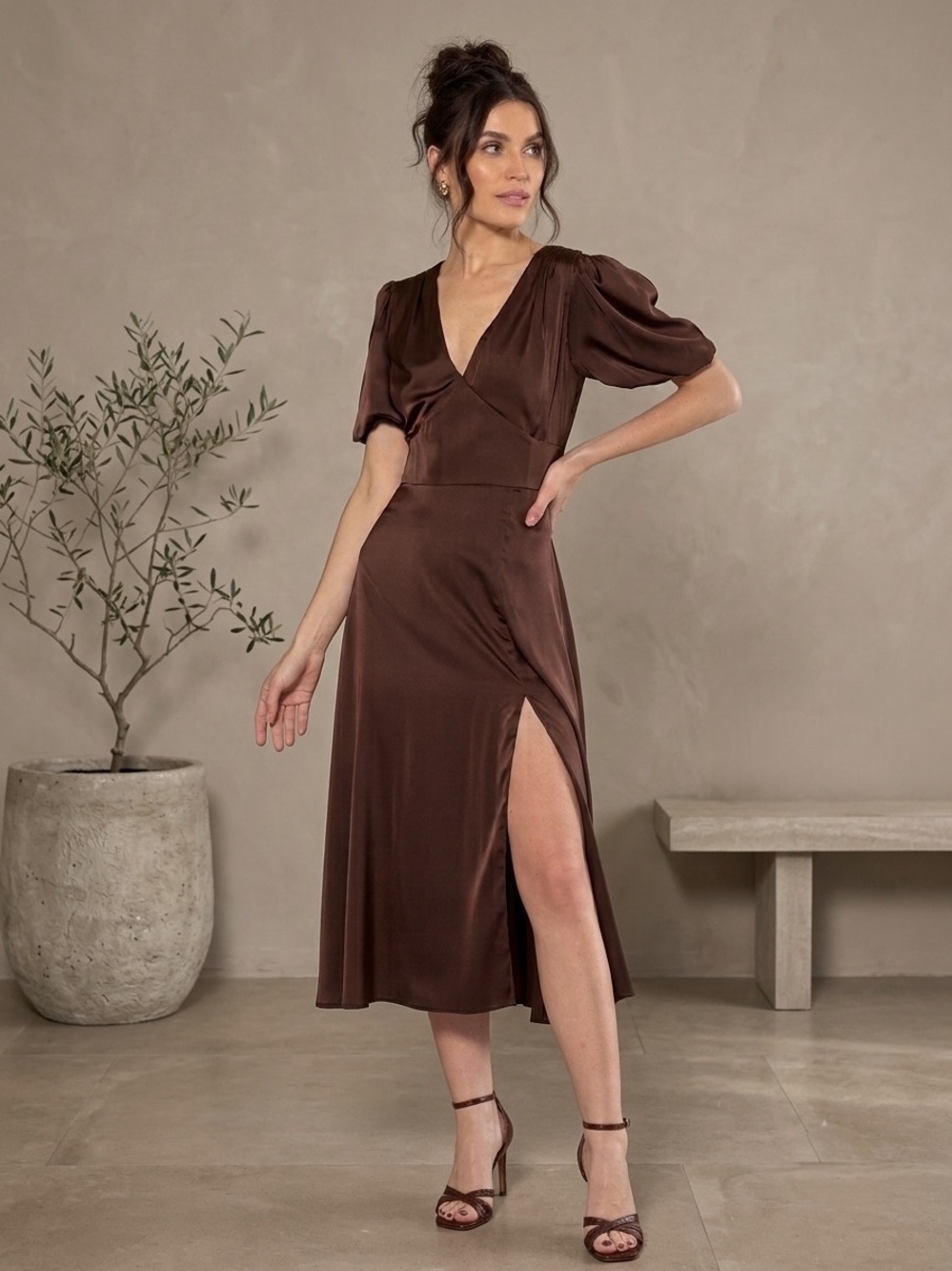 Alexia Admor Nola Chocolate Brown V-Neck Puff Sleeve Midi Cocktail Dress Size 10